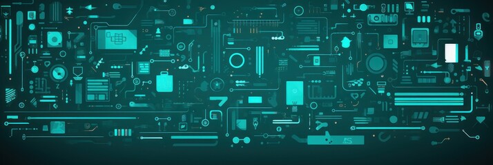 Teal abstract technology background using tech devices and icons