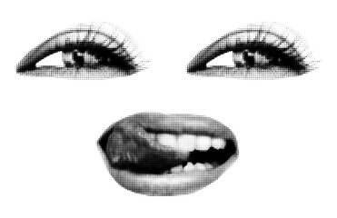 Fototapeta premium Halftone art collage female face on transparent background. Cut out of magazine shapes, smiling woman's eyes and licking mouth. Modern retro grunge punk vector illustration