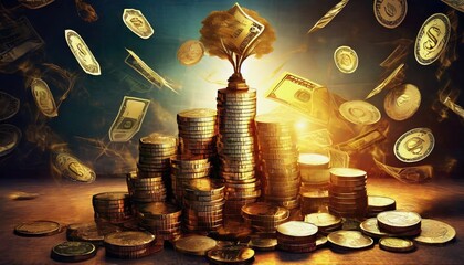 banknotes and coins in golden light  - obrazy, fototapety, plakaty