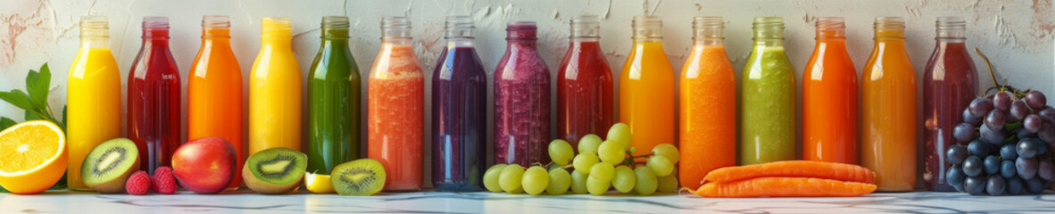 l organic smoothies in clear glass bottles, each with different vibrant fruits and vegetables visible, against a pure white background, showcasing minimalism and freshness. Created Using: high-resolut