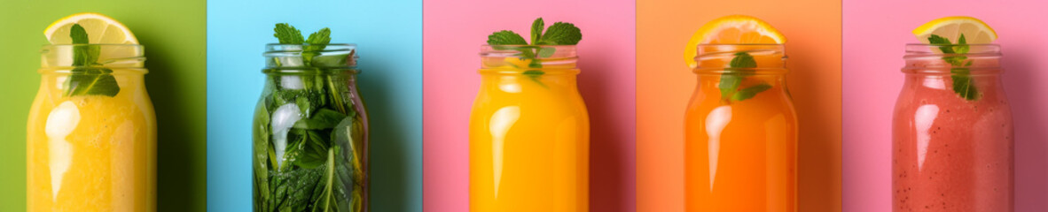 colorful organic smoothies in clear glass bottles, each with different vibrant fruits and vegetables visible, against a pure white background, showcasing minimalism and freshness. 