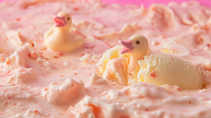 Yellow melting ice cream with waffle cone isolated on pastel pink background. Generative Ai