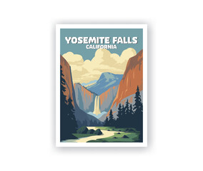 Yosemite Falls, California Illustration Art. Travel Poster Wall Art. Minimalist Vector art