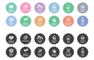 Handmade packaging icon Cruelty Free Paraben Free icons Sulfate Free Gluten GMO No Colors Added Food packaging icon. Natural Product Organic Packaging badge Icon symbols stock set illustrations