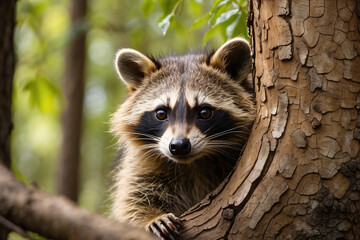 raccoon hiding behind trees forest background - obrazy, fototapety, plakaty