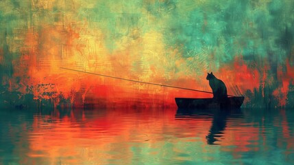 Abstract illustration of cat sitting on a boat fishing.