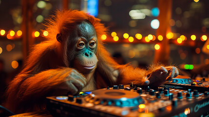 Orangutan DJ on the Rooftop - obrazy, fototapety, plakaty