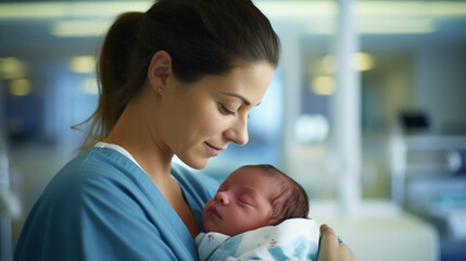 Nurse holding newborn baby in hospital. Generative AI