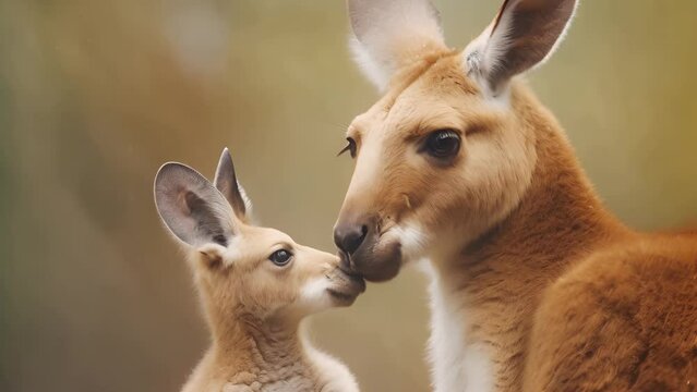 Mother kangaroo with her little cute baby kangaroo, symbol of family and motherhood