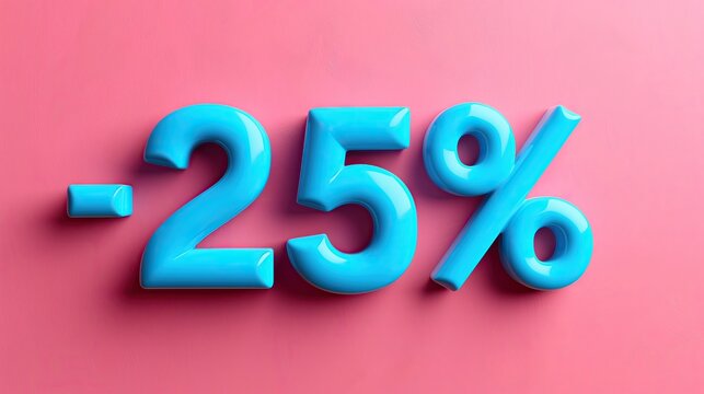 Oferta -25% de descuento, promociones, cartel, estad&iacute;sticas, datos, texto 3D menos veinticinco por ciento en azul claro brillante sobre fondo rosa fuerte vibrante, textura pl&aacute;stica, me lo llevo