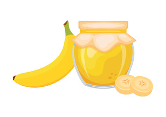 Banana jam in glass jar and fresh banana fruit vector illustration. Glass of banana marmalade design element. Banana jam jar icon set isolated on a white background