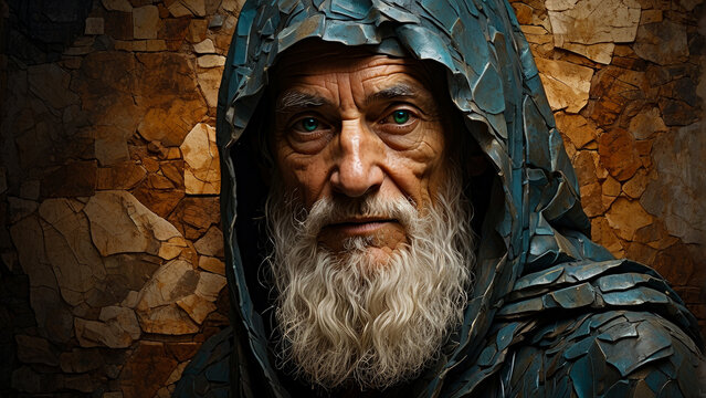 portrait of wise old wizard with white beard wearing a hood embroidered with a mosaic of colored stones