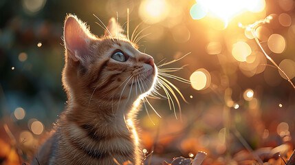 simpatico sfondo con gattino curioso con sfondo sfocato ed effetti bokeh, wallpaper con cucciolo di gatto e luce radiosa,  - obrazy, fototapety, plakaty
