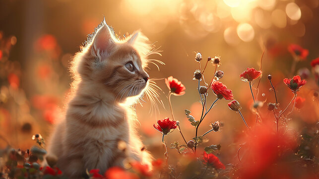 simpatico sfondo con gattino curioso in un prato , con sfondo sfocato ed effetti bokeh, wallpaper con cucciolo di gatto e luce calda,  radiosa, 