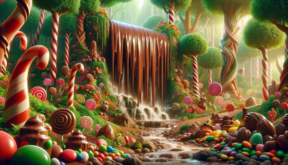 Illustration of chocolate waterfall in candy land - obrazy, fototapety, plakaty