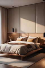 Bedroom interior with bed, linen beige bedding. Sunlight with long shadows on wall. Modern style bedroom interior design