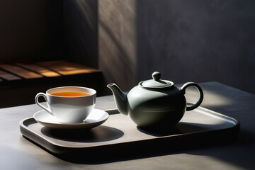 Fototapeta premium Stylish minimalist still life with teapot and cup on concrete background. Sun light shadows. Tea ceremony