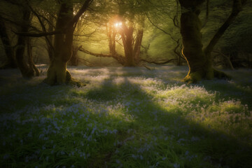 An enchanting woodland illuminated by the soft glow of fireflies, surrounded by a carpet of blooming bluebells