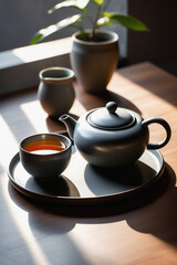 Stylish minimalist still life with dark gray teapot and cup on wooden table. Sun light shadows. Authentic tea ceremony