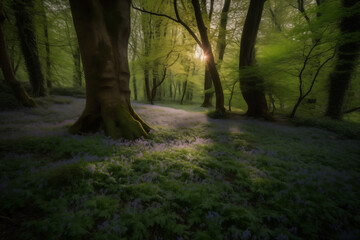 An enchanting woodland illuminated by the soft glow of fireflies, surrounded by a carpet of blooming bluebells