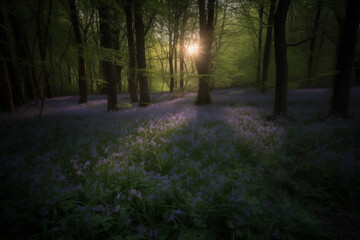 An enchanting woodland illuminated by the soft glow of fireflies, surrounded by a carpet of blooming bluebells