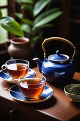Still life with teapot and cups on wooden table. Sun light shadows. Authentic tea ceremony