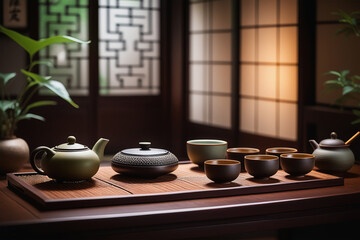 Fototapeta na wymiar Authentic tea ceremony. Stylish minimalist still life with clay teapot and cups on wooden table.