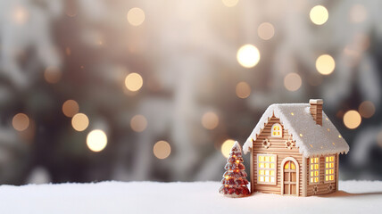 Miniature wooden house on the snow over blurred Christmas decoration background, toned