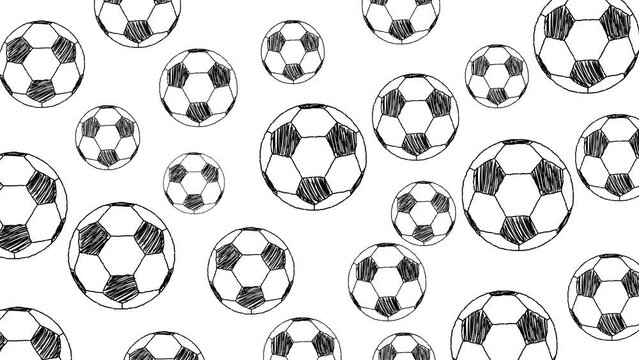 Animation with several soccer balls in black pencil stroke on white background, cartoon, art.