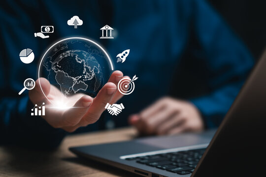 Global management network connection on social networking concept, Businesswomen technology and digital marketing, Financial and banking, Tarket, Business Growth strategy, and smart intelligence