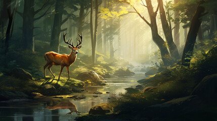 Illustration of a deer in a forest