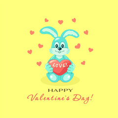 A funny light blue rabbit holds a red heart with the inscription LOVE and the inscription Happy VALENTINE'S DAY on a yellow background with red hearts. Gifts and greeting cards. Vector illustration.
