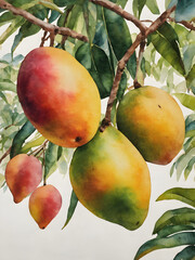 mango hanging from branches in a healthy, fresh orchard garden during the fruitful autumn harvest season