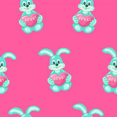 Funny light blue rabbits are holding a pink heart with the inscription LOVE on a pink background. Seamless pattern. Wrapping paper, gifts. Valentine's day. Vector illustration.