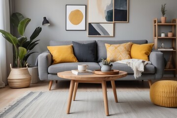 boho compostion at living room interior with design gray sofa, wooden coffee table, commode and elegant personal accessories. Honey yellow pillow and plaid