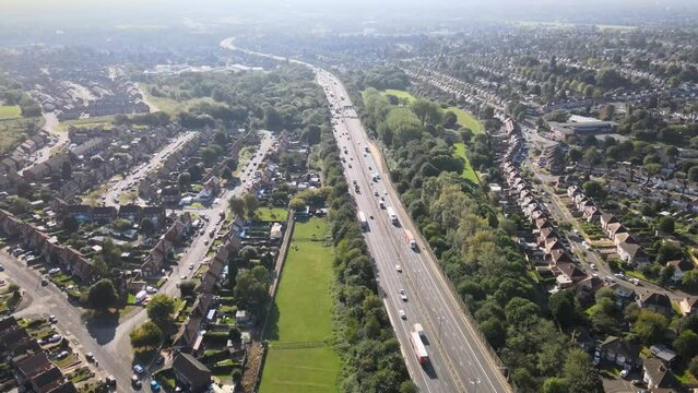 M6 Motorway commute transportation travel through Birmingham West Midlands aerial birds-eye footage
