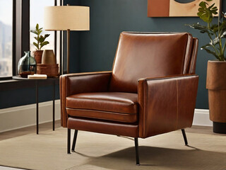 Brown leather chair isolated on the gray background on the living room