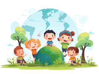 Illustration of joyful children holding hands around a vibrant Earth globe for Earth Day
