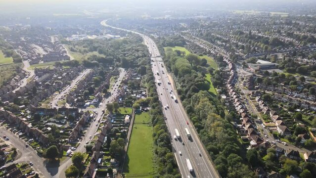 M6 Motorway commute transportation travel through Birmingham West Midlands aerial birds-eye footage