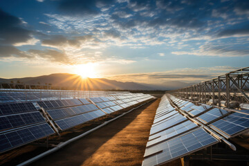Sunset rays gleaming over an extensive solar farm renewable energy, with mountains in the backdrop
