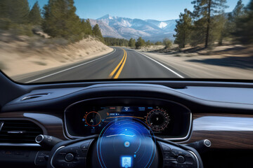 Driver's perspective of a modern car dashboard with a clear view of a mountain road ahead