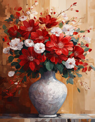 A painting of red and white flowers in a vase, oil paint style