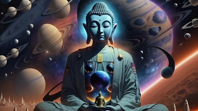 Buddha statue on background of futuristic cosmic animation. Colorful night sky with stars and galaxies . AI generated cosmic animation with transformations