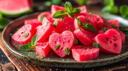 Watermelon slices creatively cut into heart shapes - obrazy, fototapety, plakaty