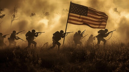 US Army Soldiers with Flag, Historic Freedom Fight, Generative AI