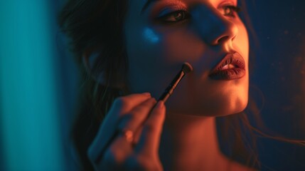 Fototapeta premium Makeup artist applies Makeup artist applies powder and blush. A beautiful woman faces. A make-up master puts blush on the cheeks of a beauty model girl. Make-up is in process. Beautiful woman