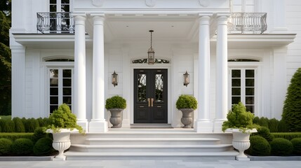 Main entrance door. White front door with porch. Exterior of georgian style home cottage house with...
