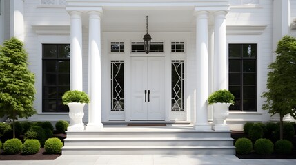 Main entrance door. White front door with porch. Exterior of georgian style home cottage house with columns.  - Powered by Adobe