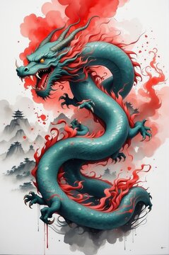 Chinese painting of a mythical blue dragon