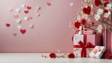 Romantic Heartfelt Scene: Heart-Shaped Tree, Flowers, and Gift Boxes on Pink, Red, and White Background with Copy Space. For your Valentine and love Inspired creations. 
Romantic, Anniversary gift